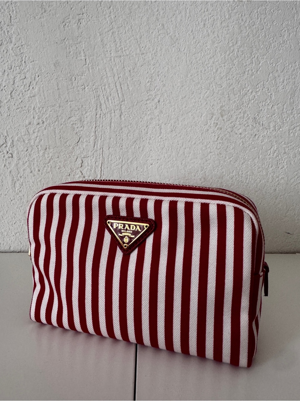Prada Red and White Striped Canvas Cosmetic Pouch - Picture 1 of 11
